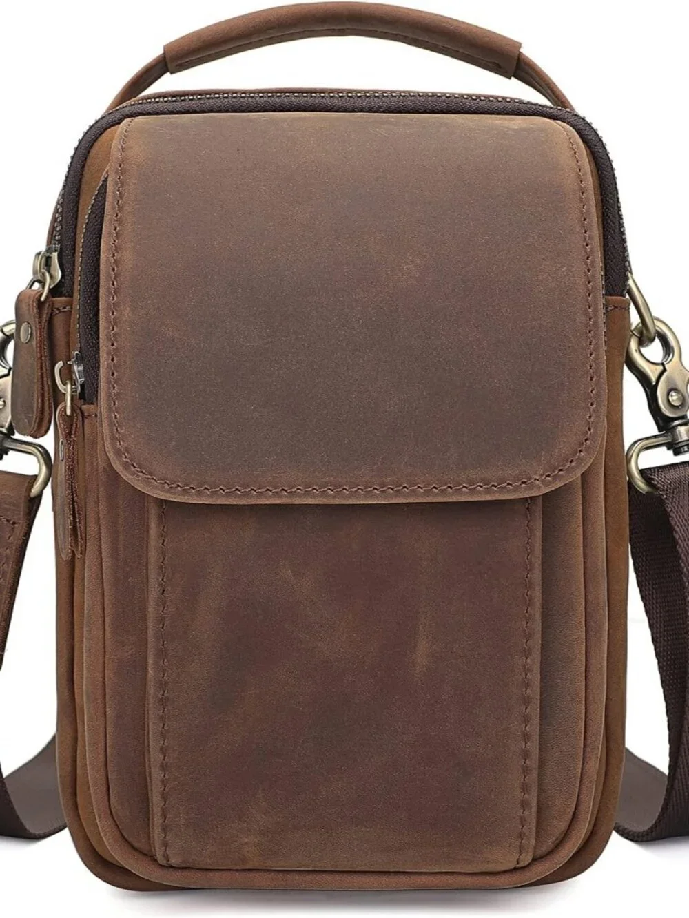 Men's Brown Leather Shoulder Sling Travel Crossbody Stylish Magnetic Buckle Bag